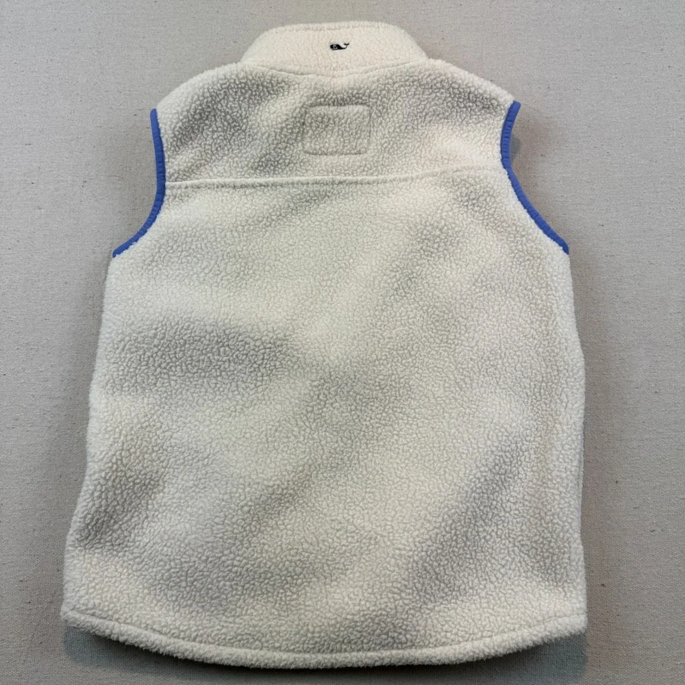 Vineyard Vines Size Large 14 Sherpa Fleece Vest Kids Cream Blue Full Zip Logo